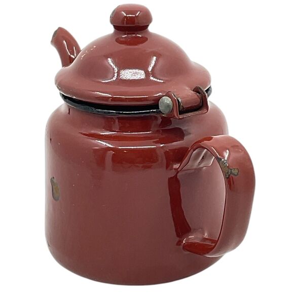 Brown Tea Pot With Hinged Lid Small Enamelware Vintage Farmhouse Decor - Picture 2 of 9